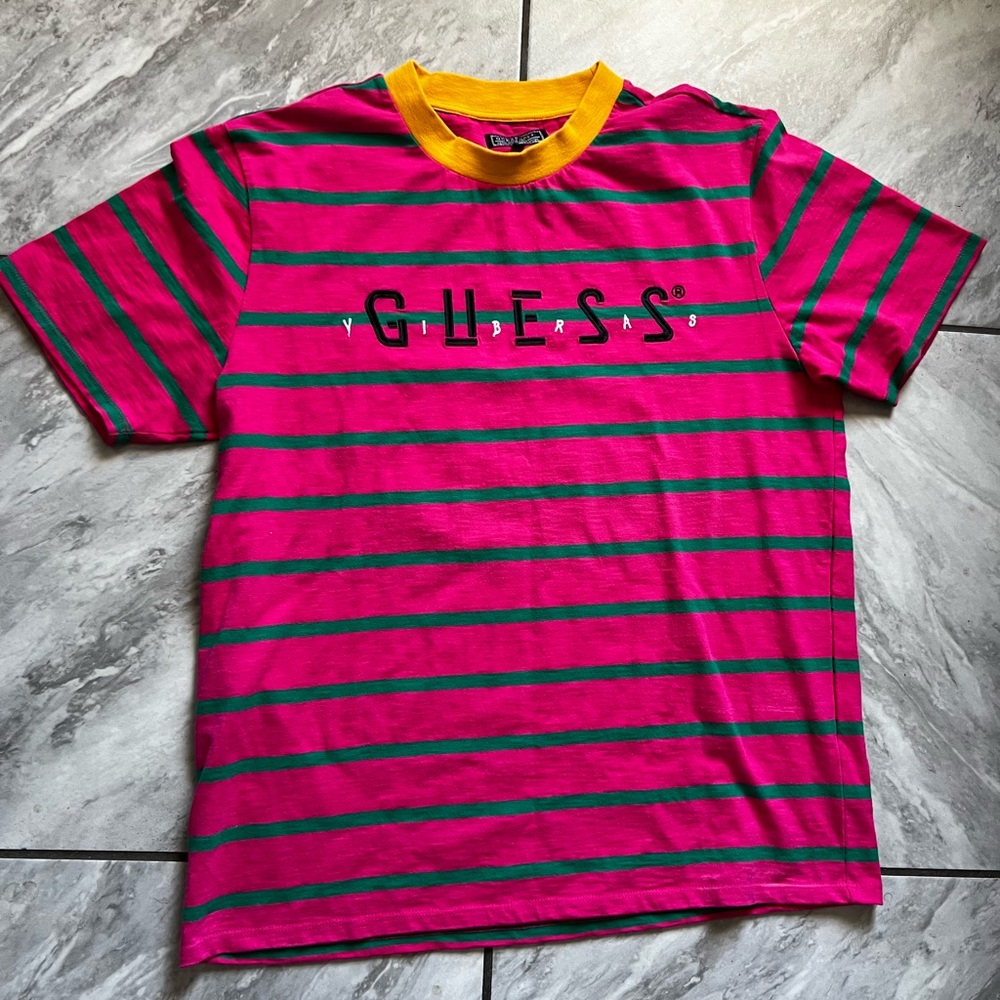 Guess J Balvin Vibras Pink and Yellow Striped T-Shirt 1990s